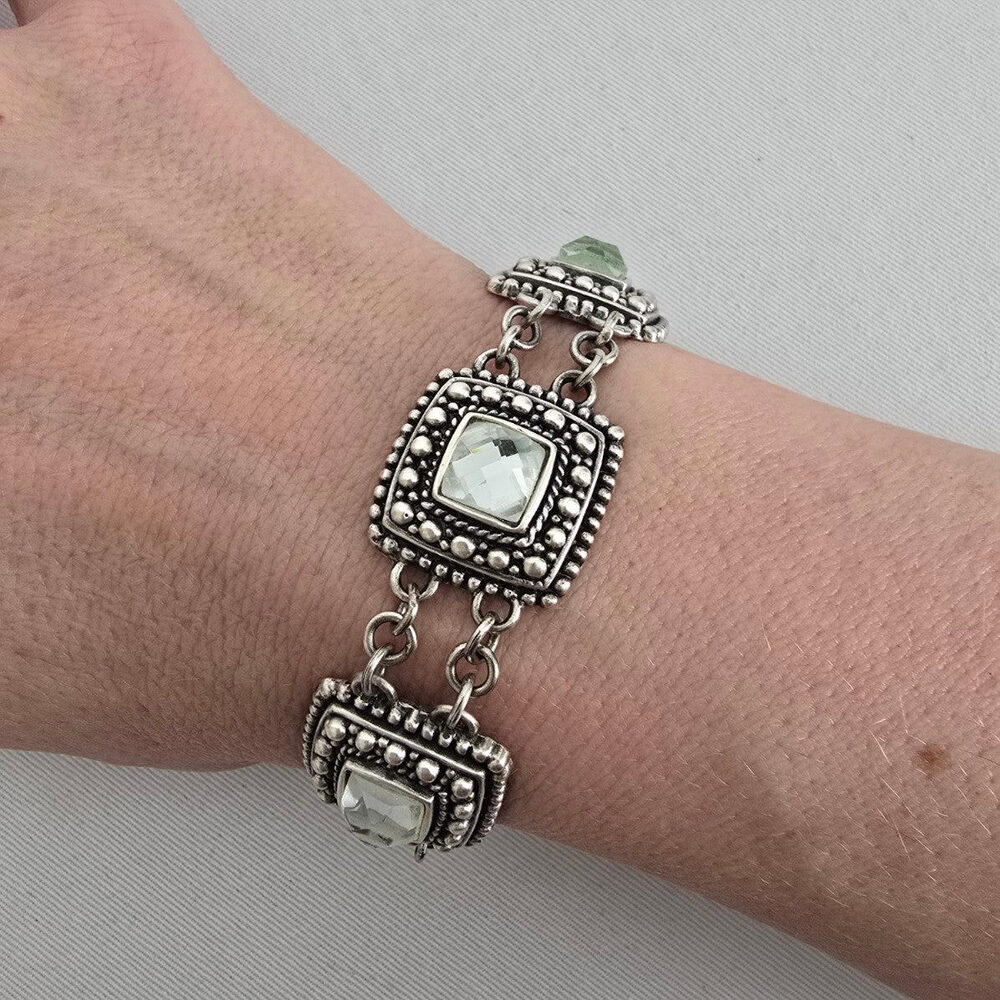 Statement Crystal Link Bracelet Antiqued Silver Beaded Detail Adjustable